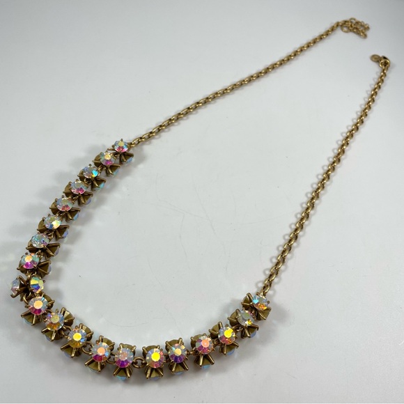 J Crew Gold Tone White AB Glass Rhinestone Statement Necklace Stunning Sparkly - Picture 7 of 8